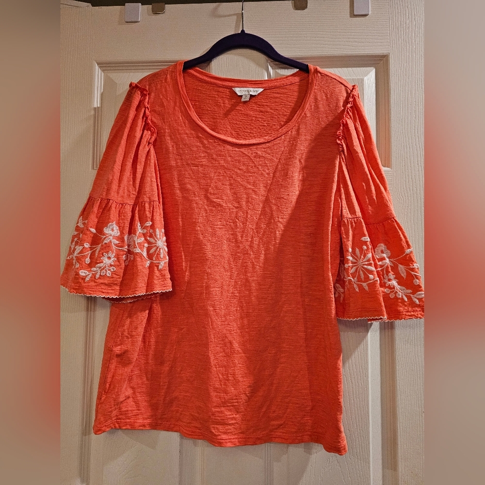 Crown & Ivy Coral Floral Embroidered Blouse